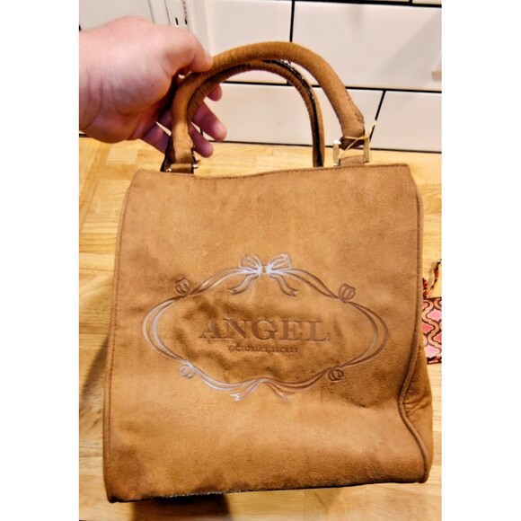Victoria's Secret Angel Brown Faux Suede Tote Handbag Matching Pink Satin Pouch - Picture 3 of 13